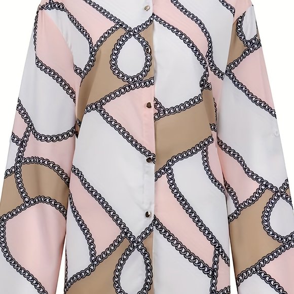 Plus Size Pink Colorblock Chain Print Button Up Roll Up Sleeve - Picture 7 of 11